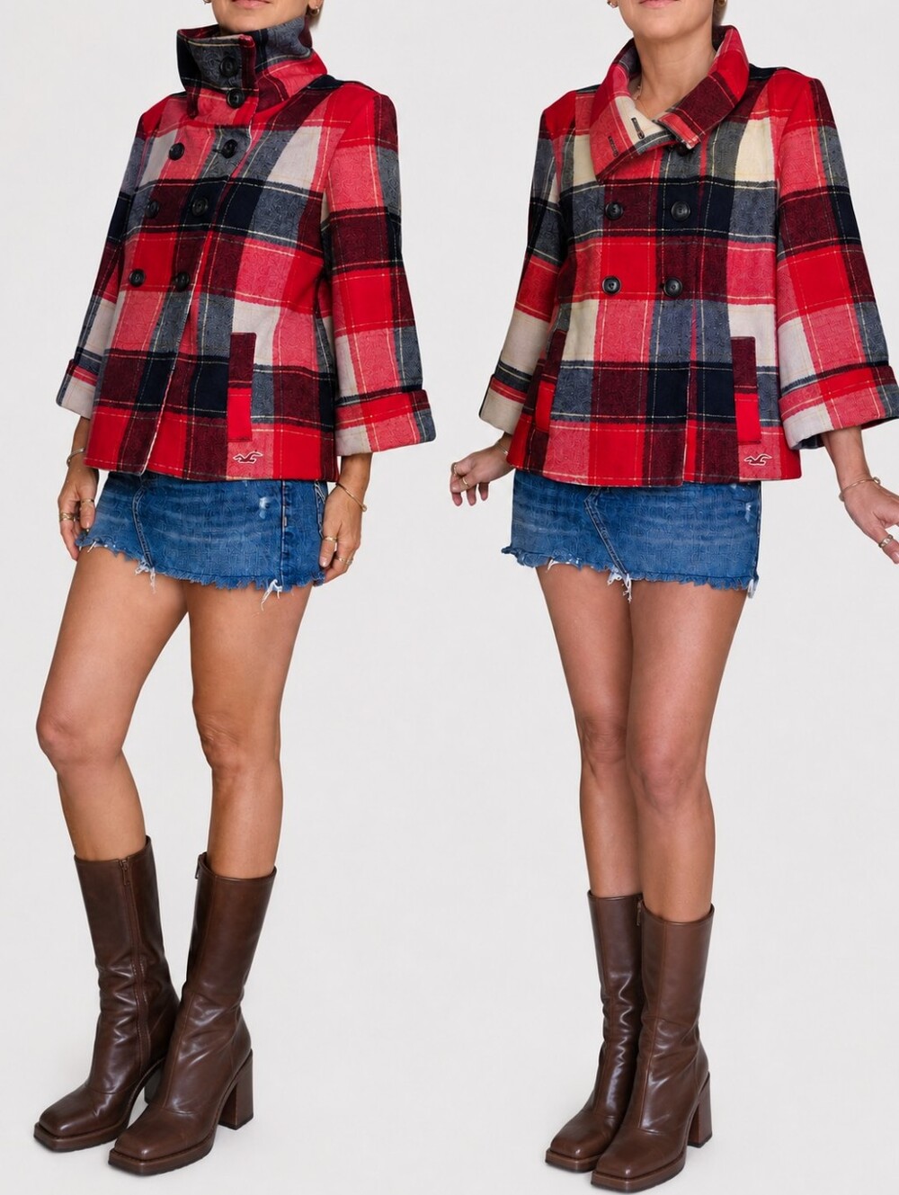 Vintage Y2K Hollister Cape Coat Swing Jacket Funnel Neck Red Plaid M